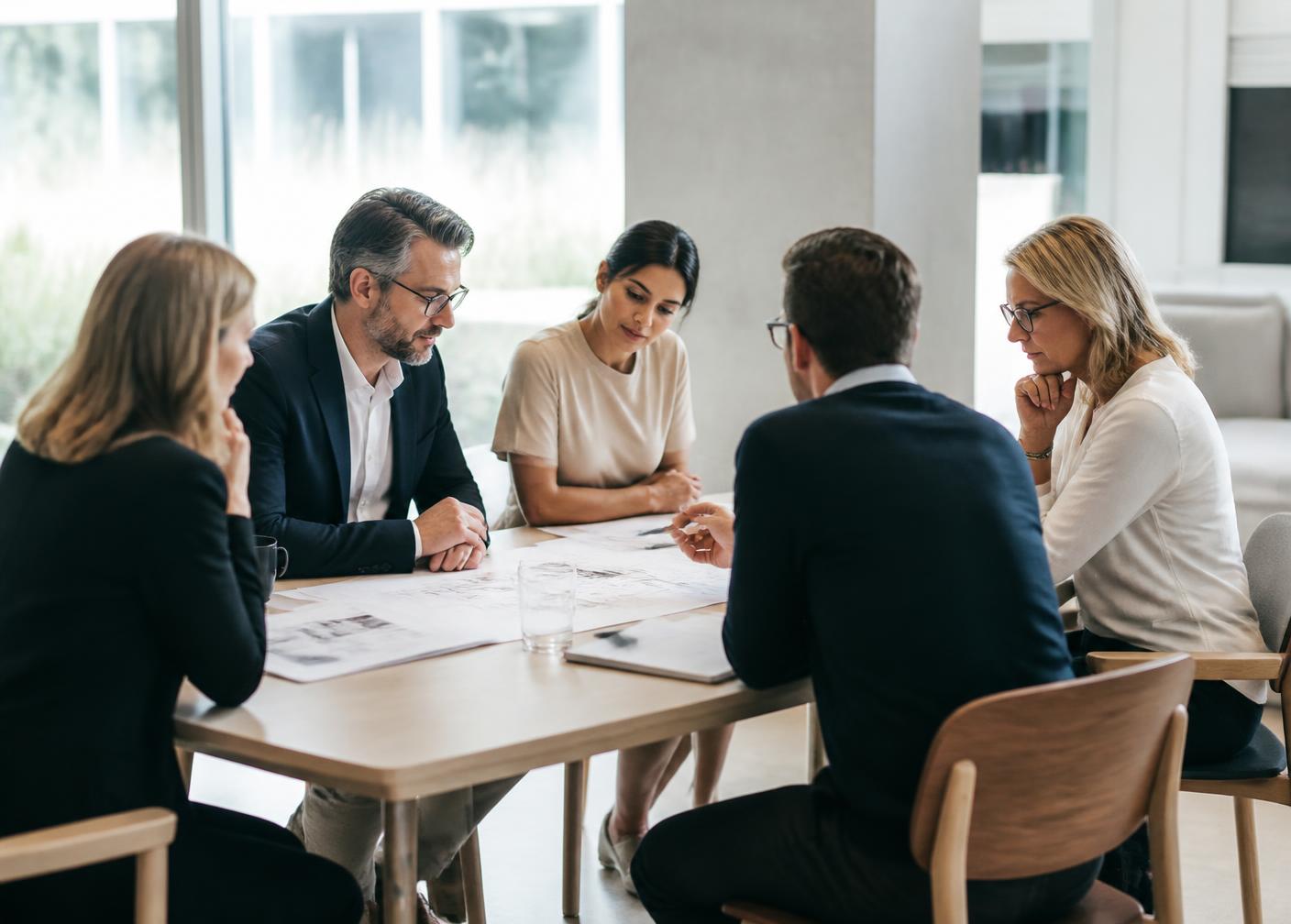 A strata committee reviewing building plans around a table
